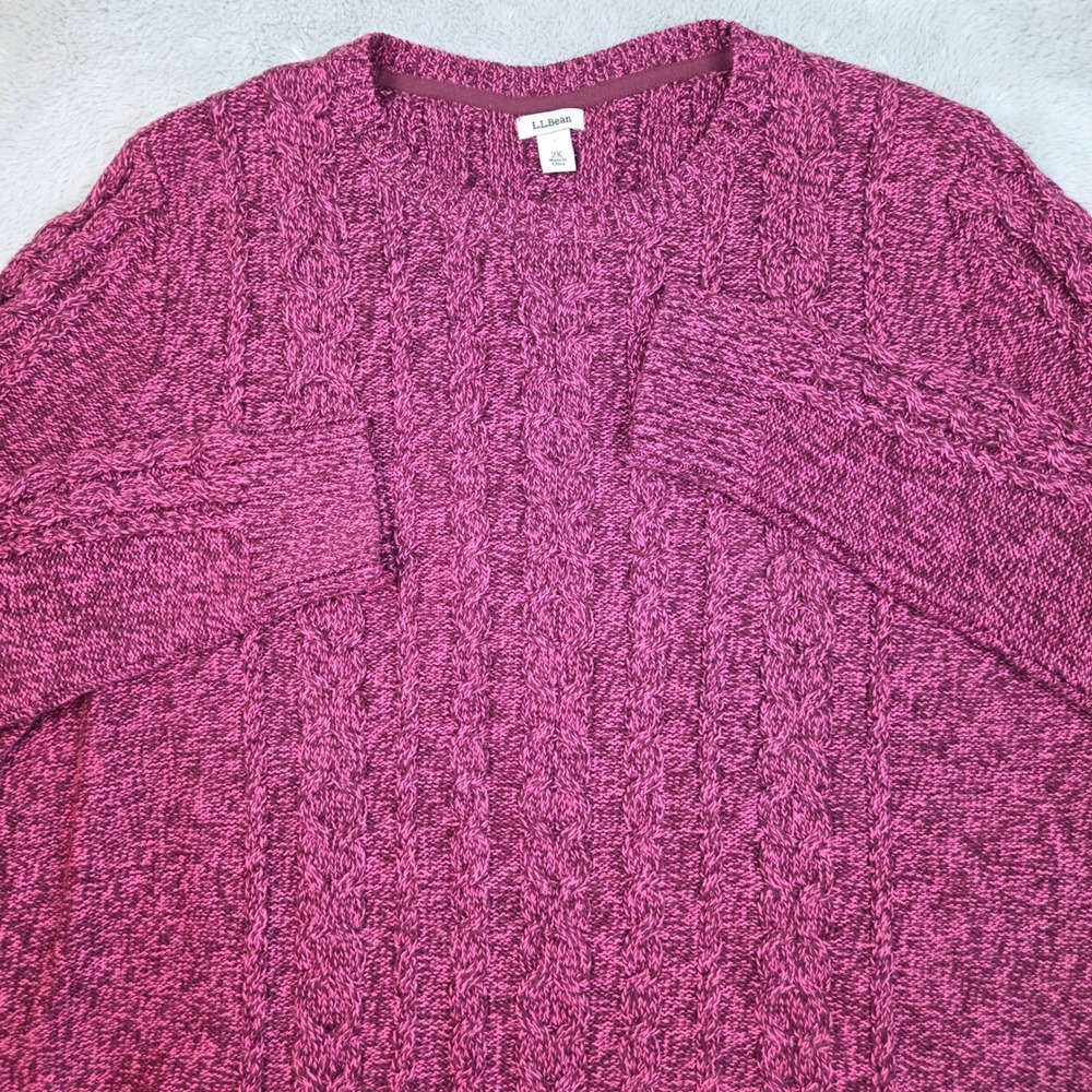 L.L.Bean Cable Knit Sweater Womens 2X Long Sleeve Cotton Crew Neck Magenta Marl